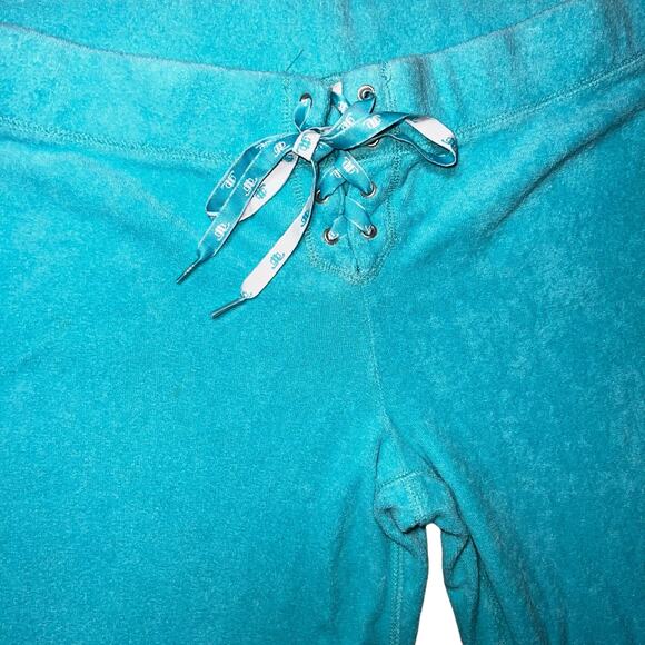 Y2K JLo Jennifer Lopez teal low rise wide leg terry cloth track pants size large - Picture 7 of 8